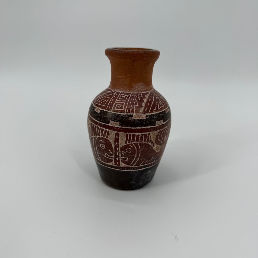Vintage Handcrafted Terracotta Sgraffito Pottery Vase Folk Art Etched Faces 4.5"